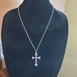 Vintage Gothic Silver Tone Cross Necklace with Purple Stone Accents